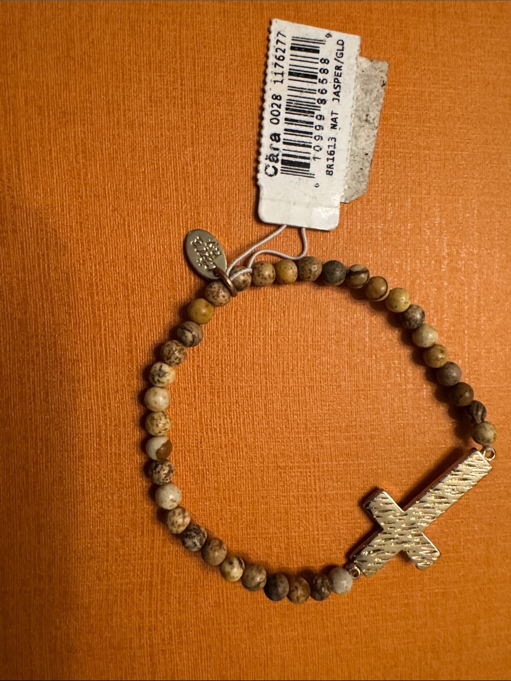 Cara Couture Brown Jasper Beaded Bracelet with Gold Cross
